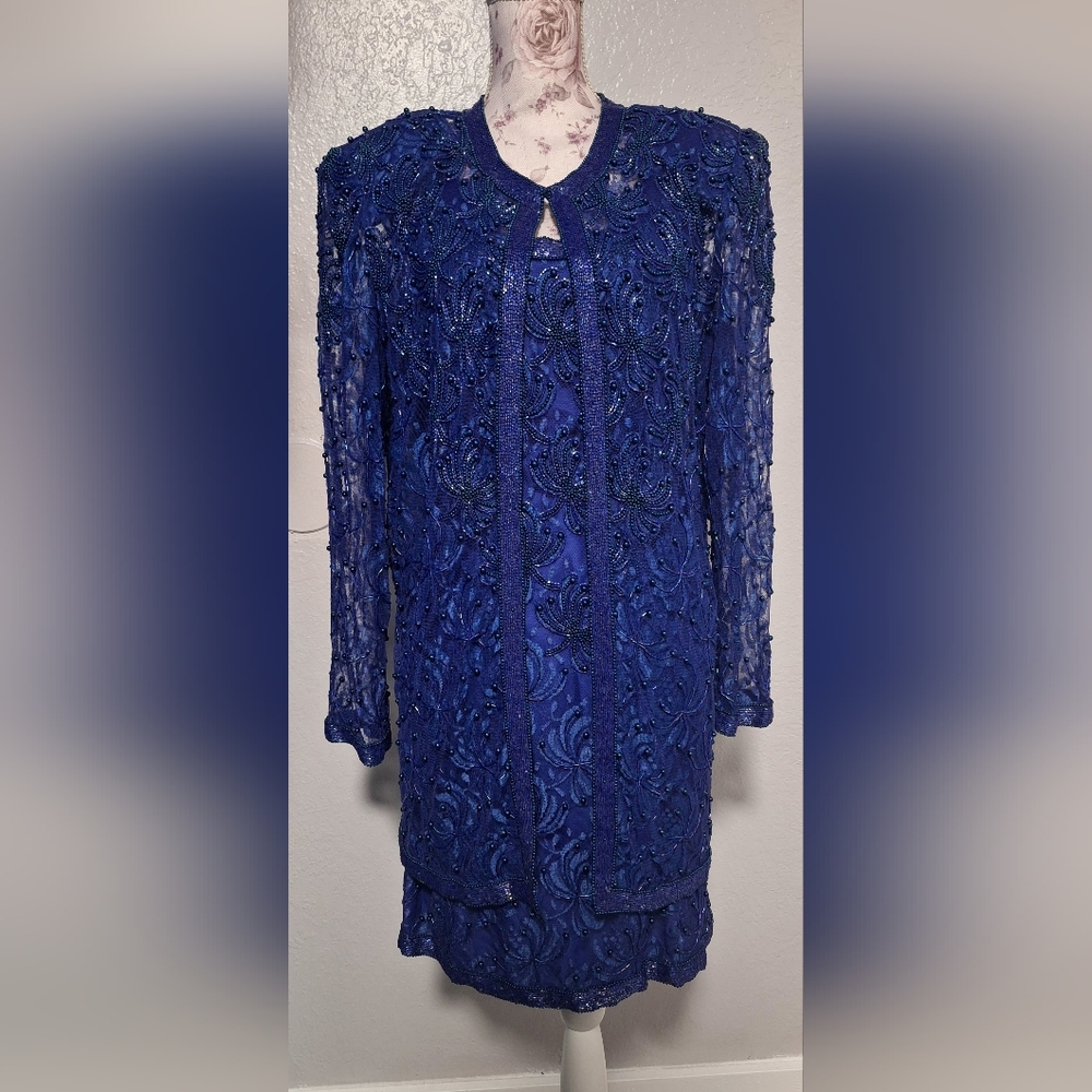 Vintage 80s Scala Royal Blue Lace Beaded 2 Piece Sleeveless Shift Dress Blazer